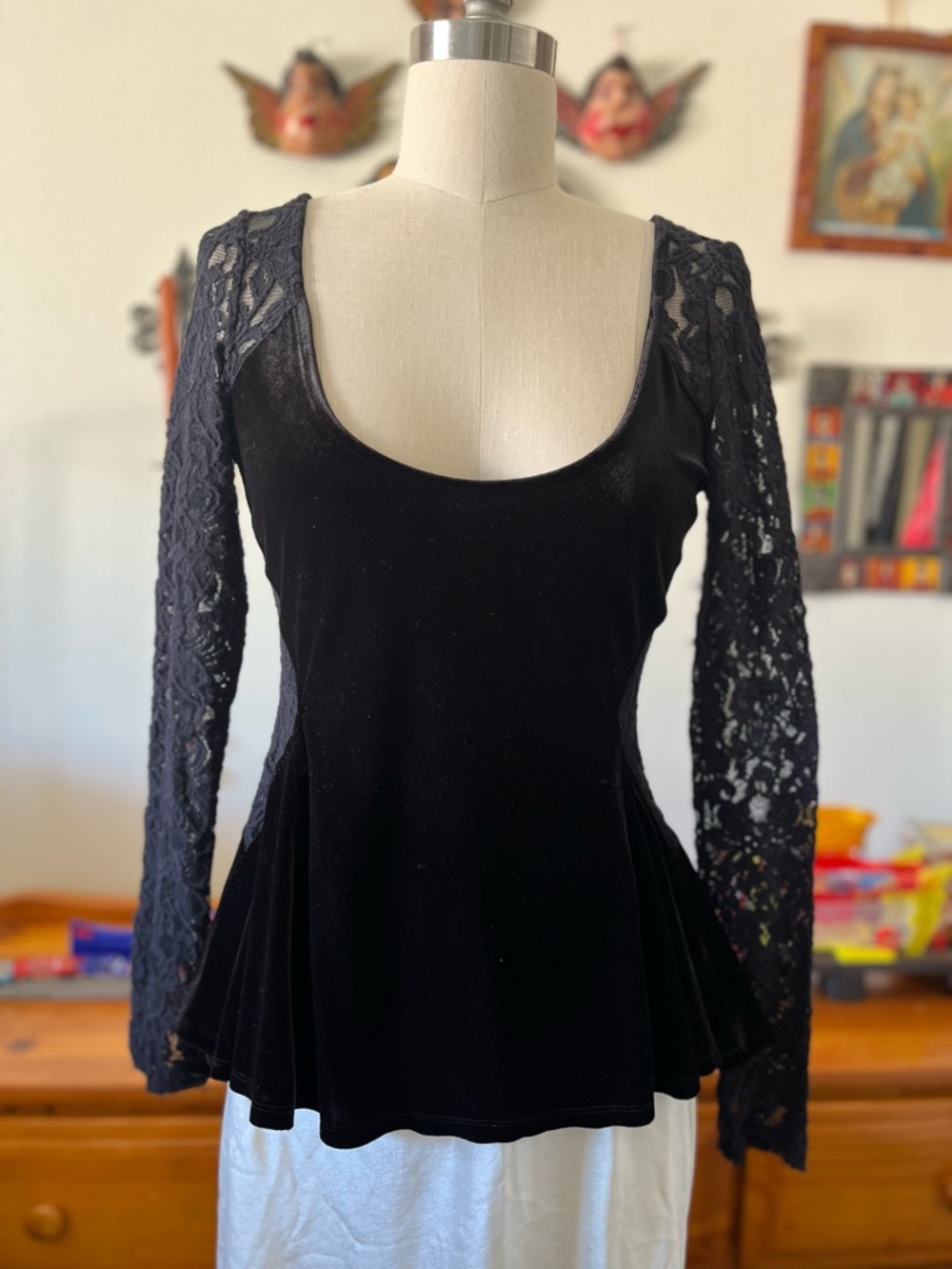 Free people Velvet Lace Sleeve Peplum Blouse Top